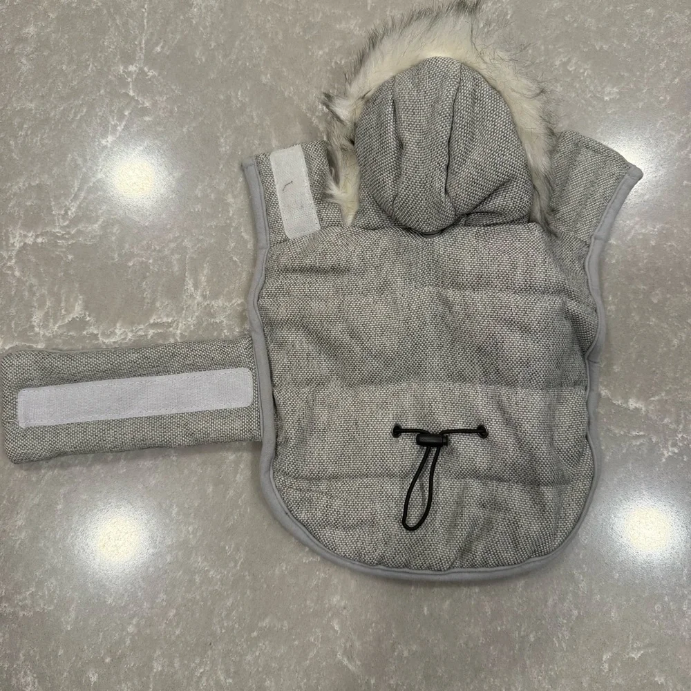 Gray Quilted Dog Winter Coat with Faux Fur Hood Size XS - Picture 4 of 11